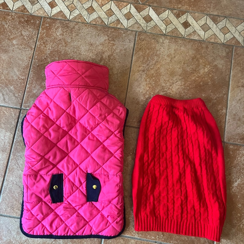 Pink Quilted Dog Vest and Red Knit Dog Sweater
